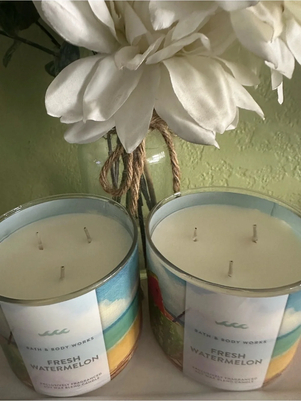 Bath & Body Works Fresh Watermelon Candle X2- Light Blue & Multicolor Artwork